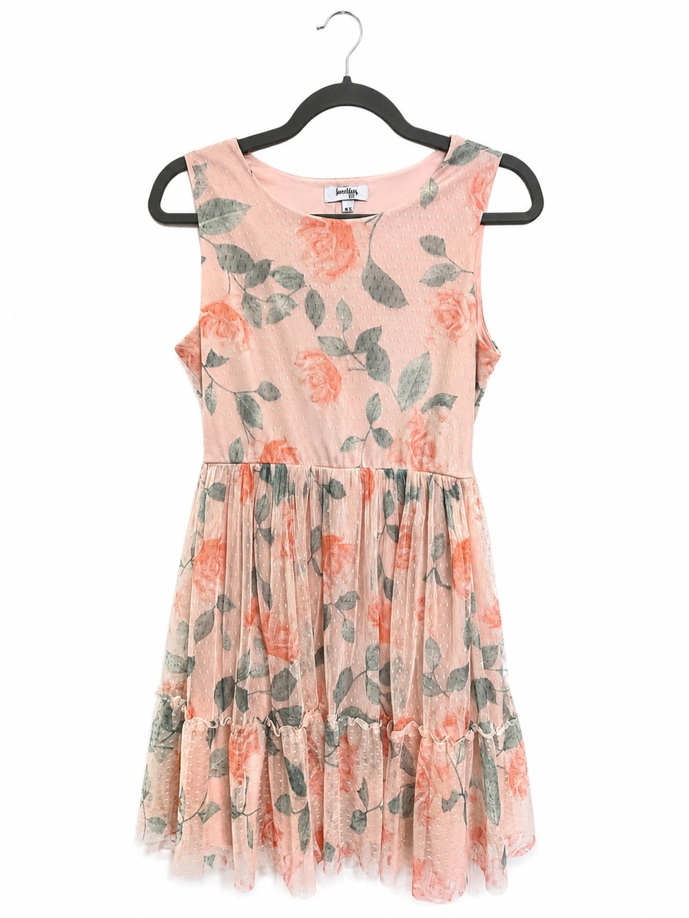 Speechless Kids Girls Pink Floral Swiss Dot Sleeveless Dress Size 16.5